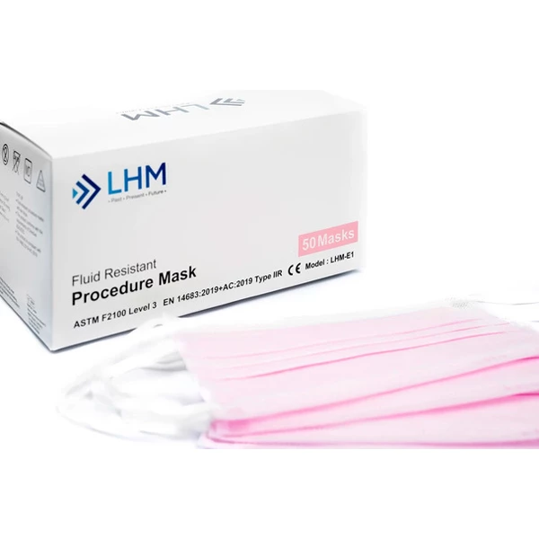 Mascarilla LHM ASTM Nivel 3 con lazo para la oreja, BFE/PFE ≥ 98%, rosa, caja de 40 cajas con 50 mascarillas por caja.