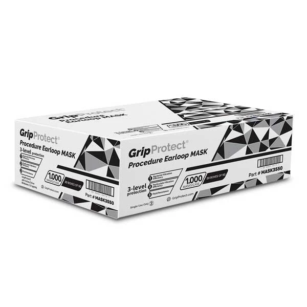 Mascarillas de procedimiento GripProtect ASTM nivel 1, con lazo para la oreja, 3 capas, sin látex, 1000/caja.