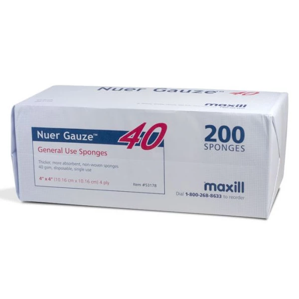 Gasa Nuer 4" x 4" No Estéril, Esponja de Gasa No Tejida, 4 Capas, 1 Manga, 200/Caja