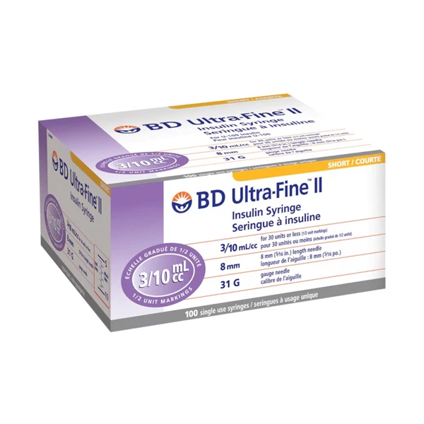 Paquete de exportación BD Ultra-Fine II, jeringa de insulina U-100 de 3/10 mL, 5/16" x 31G, 100/unidad.