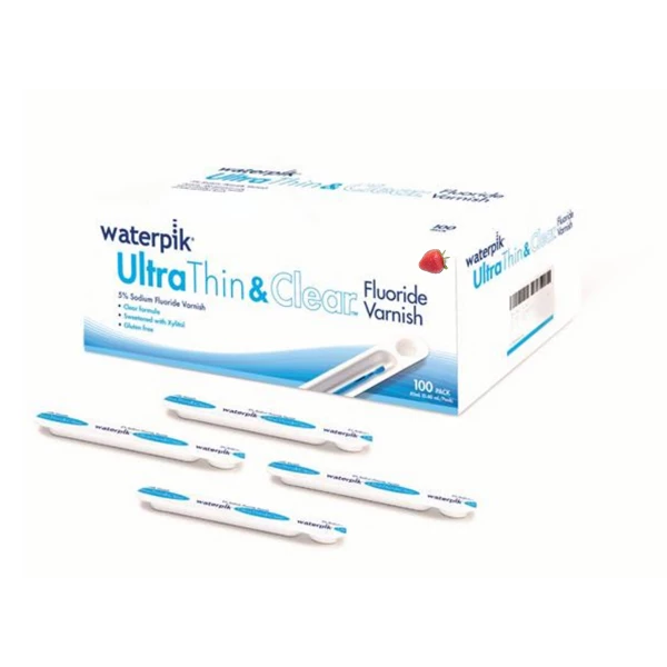 WaterPik UltraThin & Clear 5% Sodium Fluoride Varnish, Strawberry, Box of 100 0.40 ml single dose packs