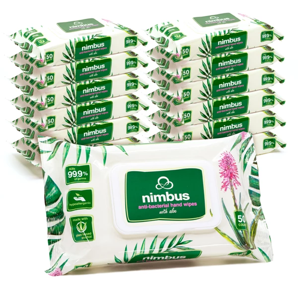 Toallitas húmedas antibacterianas a base de plantas Nimbus 5.9"x 7.8", eliminan el 99.9% de gérmenes, infusionadas con aloe, 50 por paquete, caja de 12 paquetes.