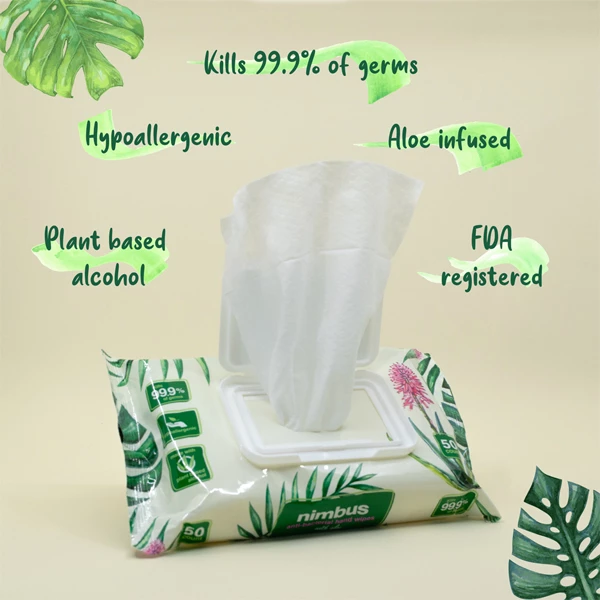 Toallitas húmedas antibacterianas a base de plantas Nimbus 5.9"x 7.8", eliminan el 99.9% de gérmenes, infusionadas con aloe, 50 por paquete, caja de 12 paquetes.
