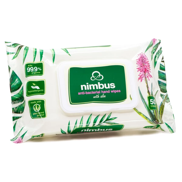 Nimbus 5.9"x 7.8" Plant Based Antibacterial Wet Wipes, Kills 99.9% of Germs, Infused with Aloe, 50/Pack.