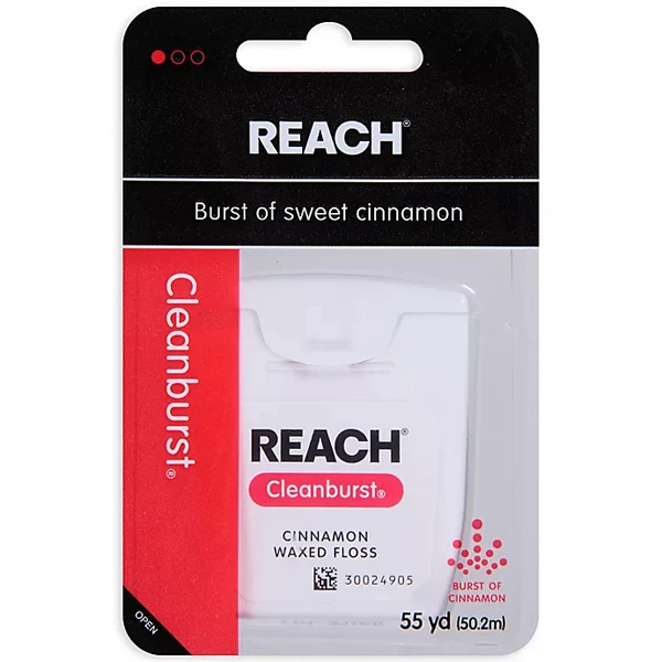 Fio dental encerado Cleanburst de canela Reach, caixa com 36 unidades de 50 metros.