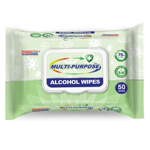 Toallitas desinfectantes GERMisept multiusos 5.9" x 7.8", 75% de alcohol etílico, 50 toallitas/paquete.
