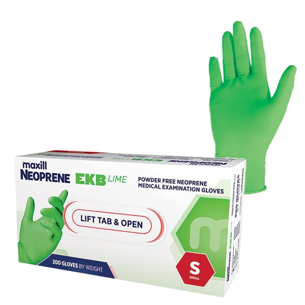 Guantes de examen de nitrilo sin polvo Neoprene EKB Lime, tamaño pequeño, 200 por caja.