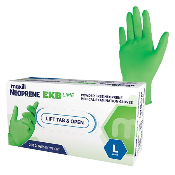 Guantes de examen de nitrilo sin polvo Neoprene EKB Lime, grandes, 200/ caja.