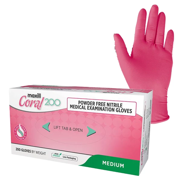 Guantes de examen de nitrilo ultra delgados Coral 2mil, tamaño mediano, 200 por caja.