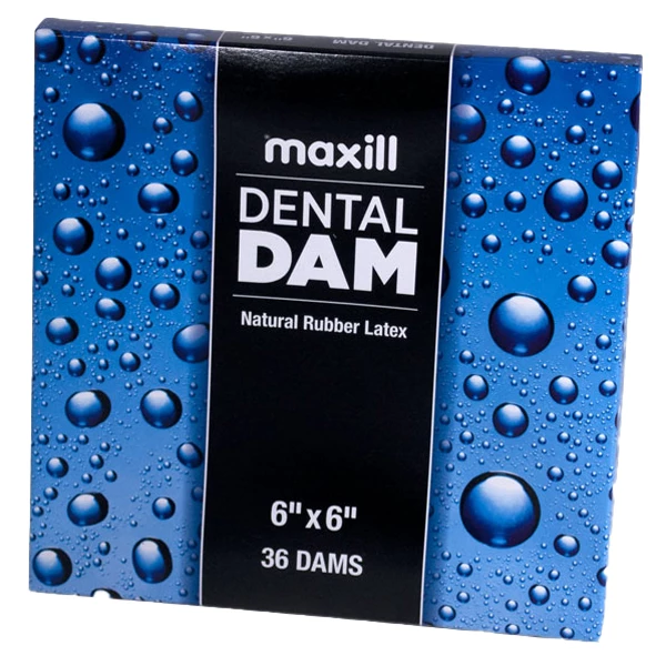 Damas dentais de látex natural Maxill 6" x 6", finas, sem sabor, azuis, 36/unidade.
