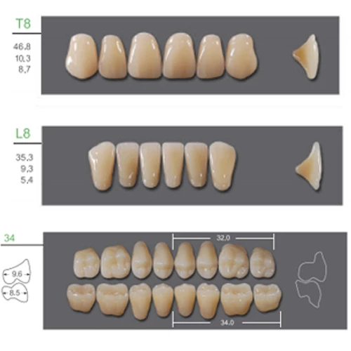 Kaili Synthetic Polymer Denture Teeth, T8/L8/34, Shade A4, 4 Full Sets