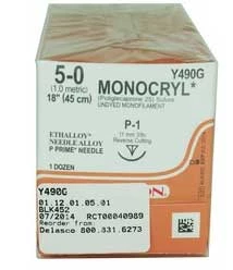 Sutura absorbible Monocryl 5/0, 18" Monocryl sin color, monofilamento.