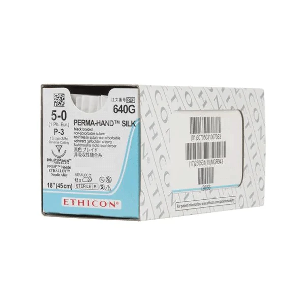 Sutura no absorbible trenzada de seda negra Ethicon Perma-Hand 5/0, 18", 12 por caja.