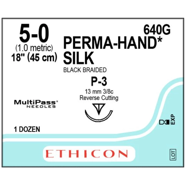 Sutura no absorbible trenzada de seda negra Ethicon Perma-Hand 5/0, 18", 12 por caja.