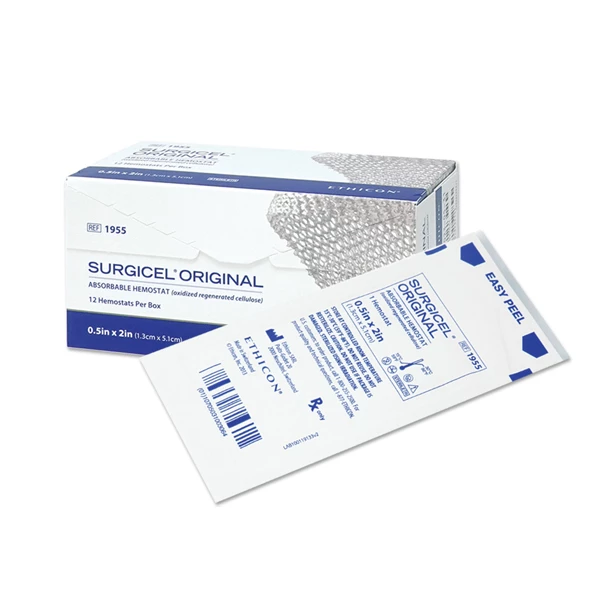 Surgicel Hemostático 0,5" x 2" 12/caixa. Teia flexível estéril. À base de plantas.