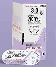 Ethicon Vicryl 3/0, 27" Sutura absorbible trenzada de Vicryl sin teñir y recubierta.