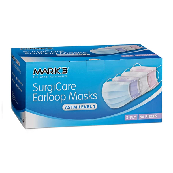 MARK3 SurgiCare 3-Ply, ASTM Level 1 Earloop Face Masks, Pink, 50/Box.