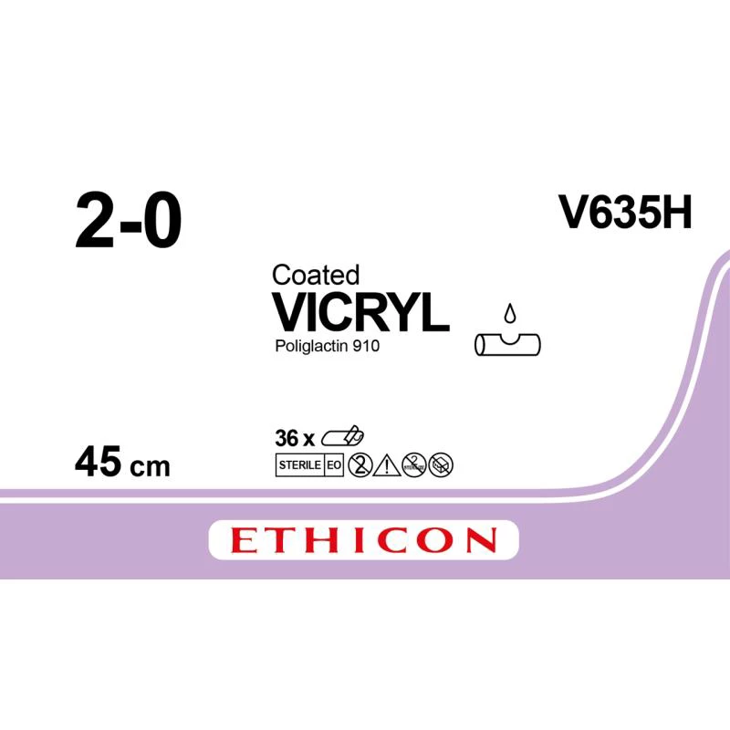 Ethicon Vicryl 2/0, 18" Sutura absorbible trenzada de Vicryl violeta recubierta, 36/caja.