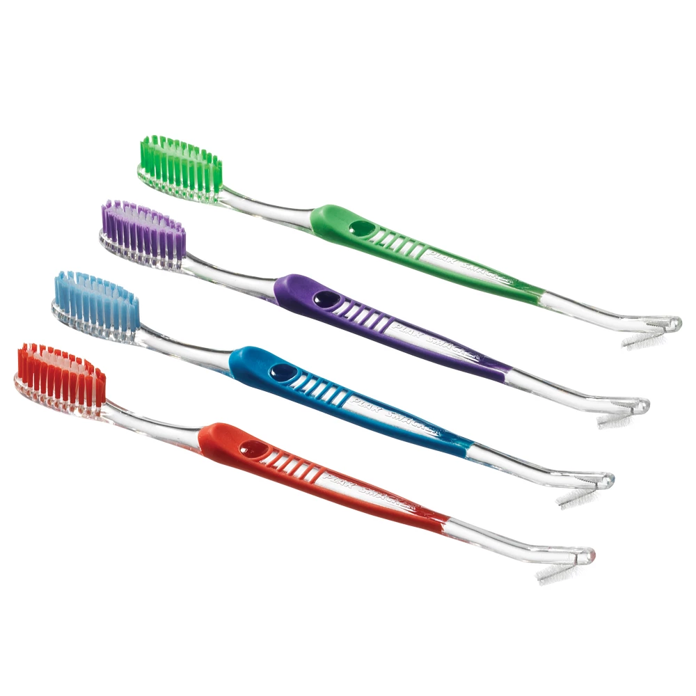 Plak Smacker Dual-Head Rubber Handle Toothbrush, 40-Tuft, Assorted, 144/Box
