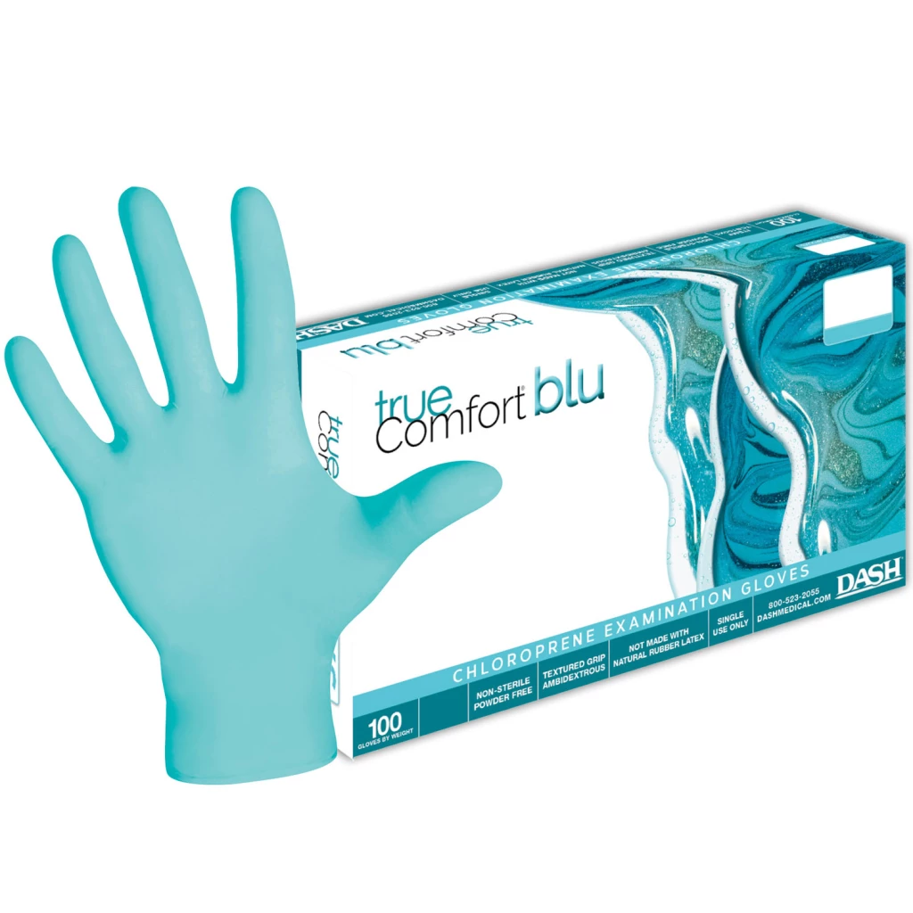 Guantes de examen True Comfort Blu de polichloropreno no estériles, sin polvo, tamaño mediano, azul océano, 100 por caja.