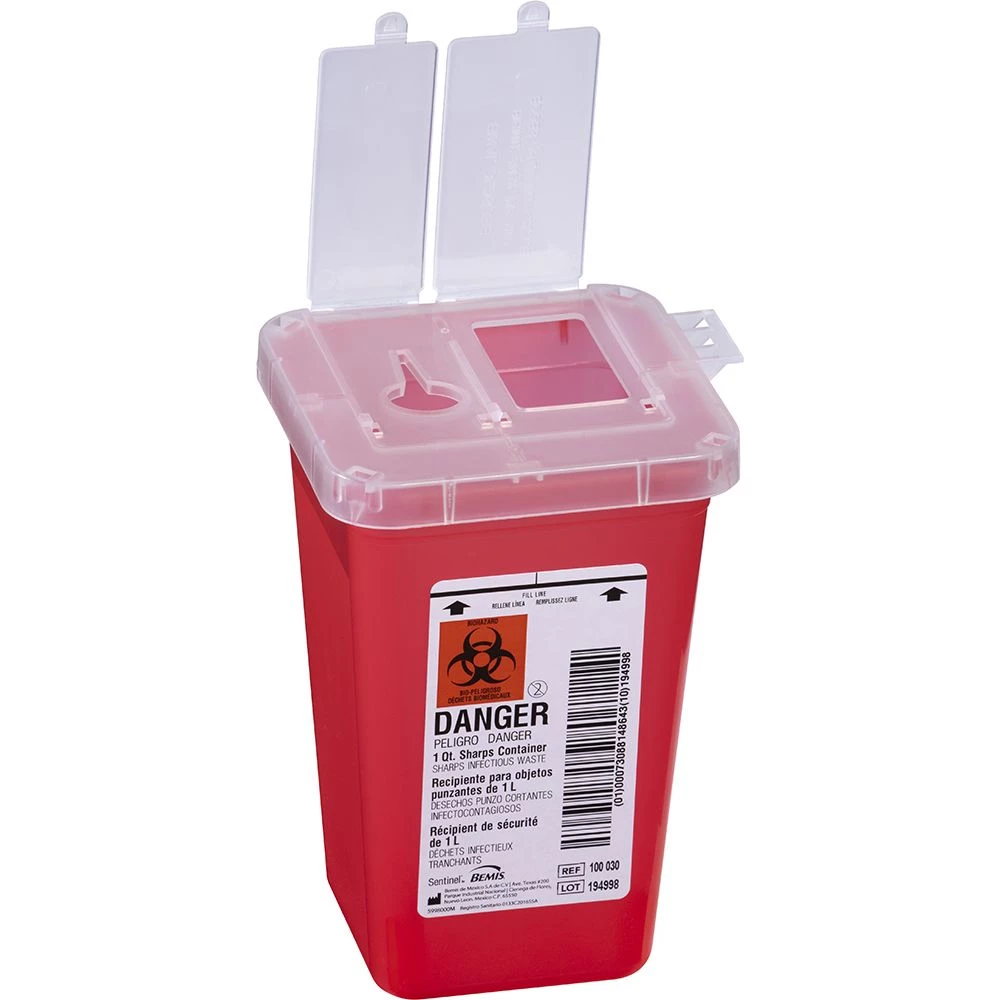 Contenedor de objetos punzantes Bemis de 1 Qt, rojo translúcido con tapa dual, 1 unidad.