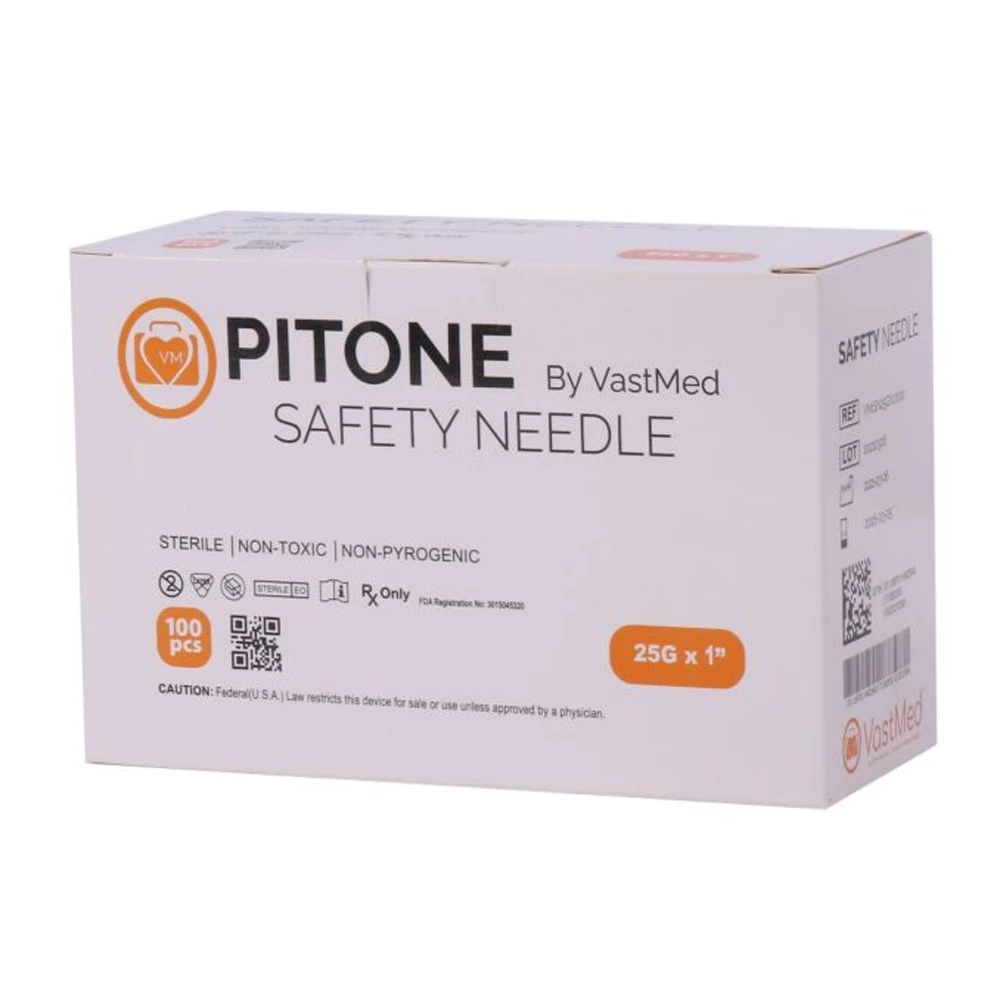 Agulha Hipodérmica de Segurança PITIONE 25G x 1", Estéril, Descartável, 100/caixa