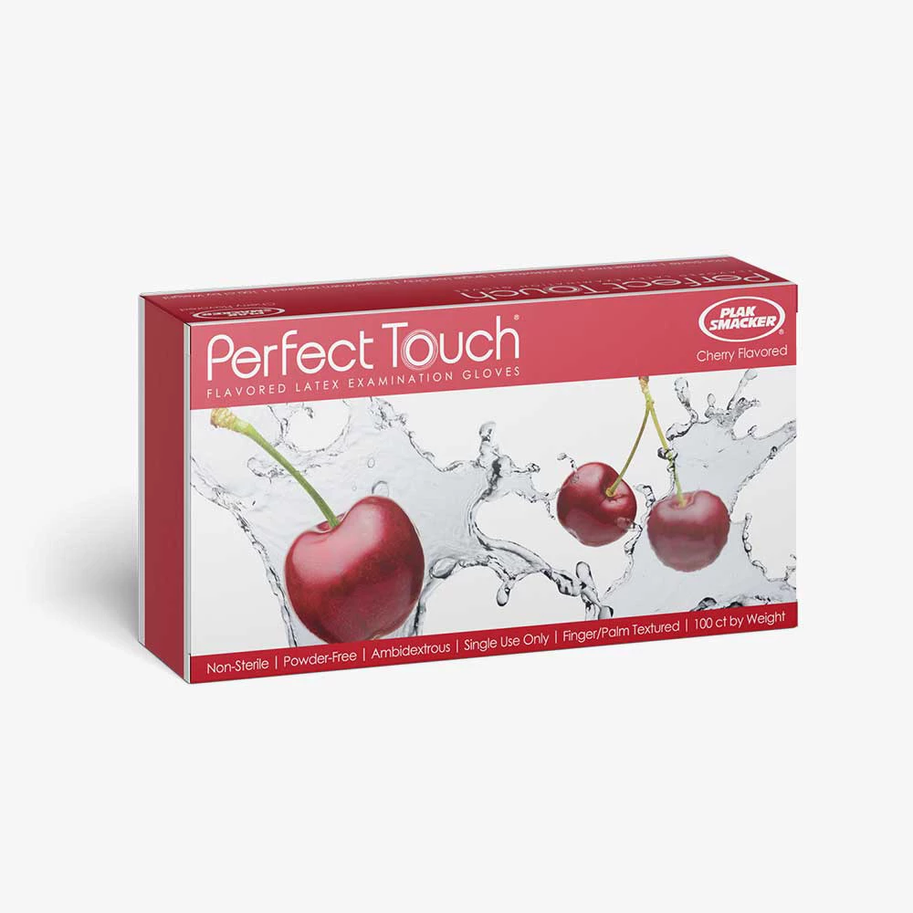 Guantes de látex con sabor a cereza Perfect Touch, rosa, tamaño X-Small, 100 por caja.