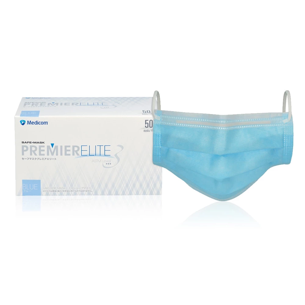 SafeMask Premier Elite EXPORT PACKAGE ASTM Level 3 Earloop Mask, Blue, 50/Box