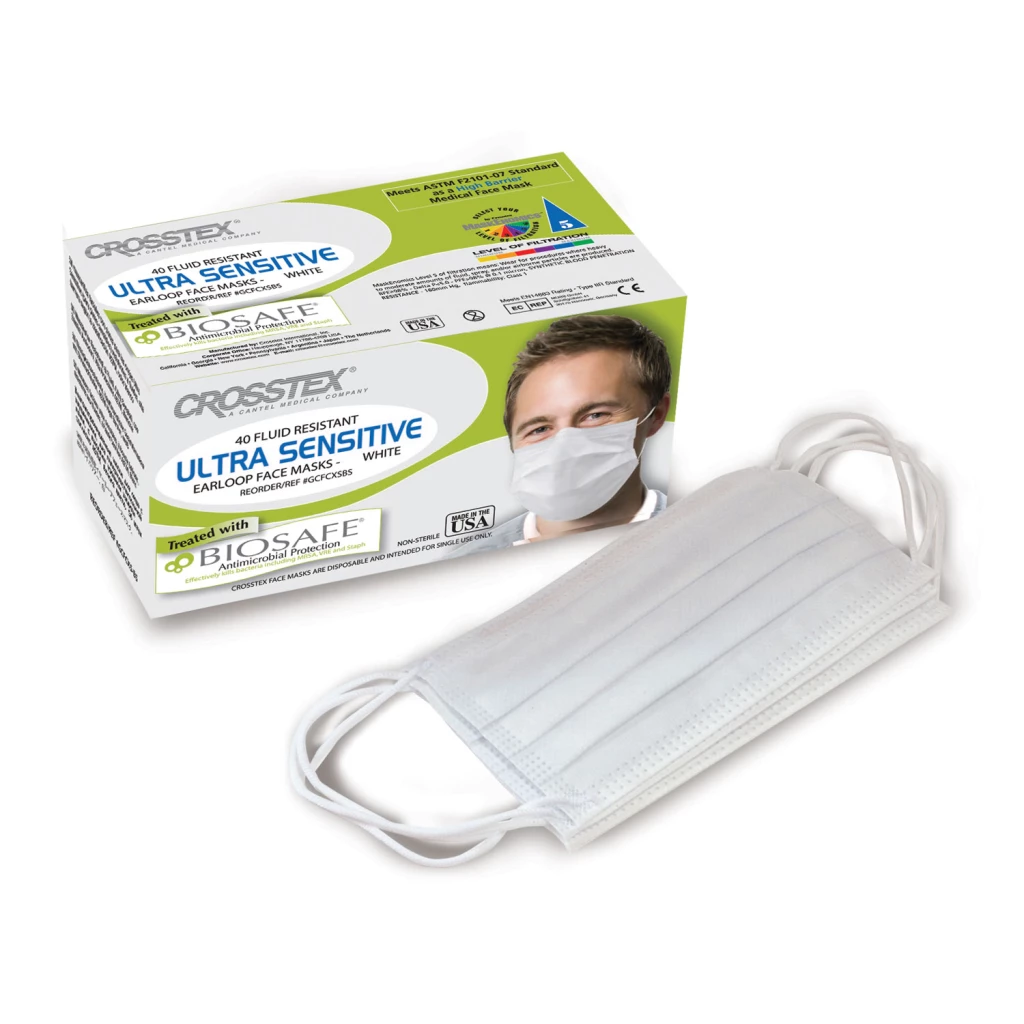 Mascarilla facial Ultra Sensible Crosstex con Biosafe, Nivel ASTM 3, Blanca, 40/Caja