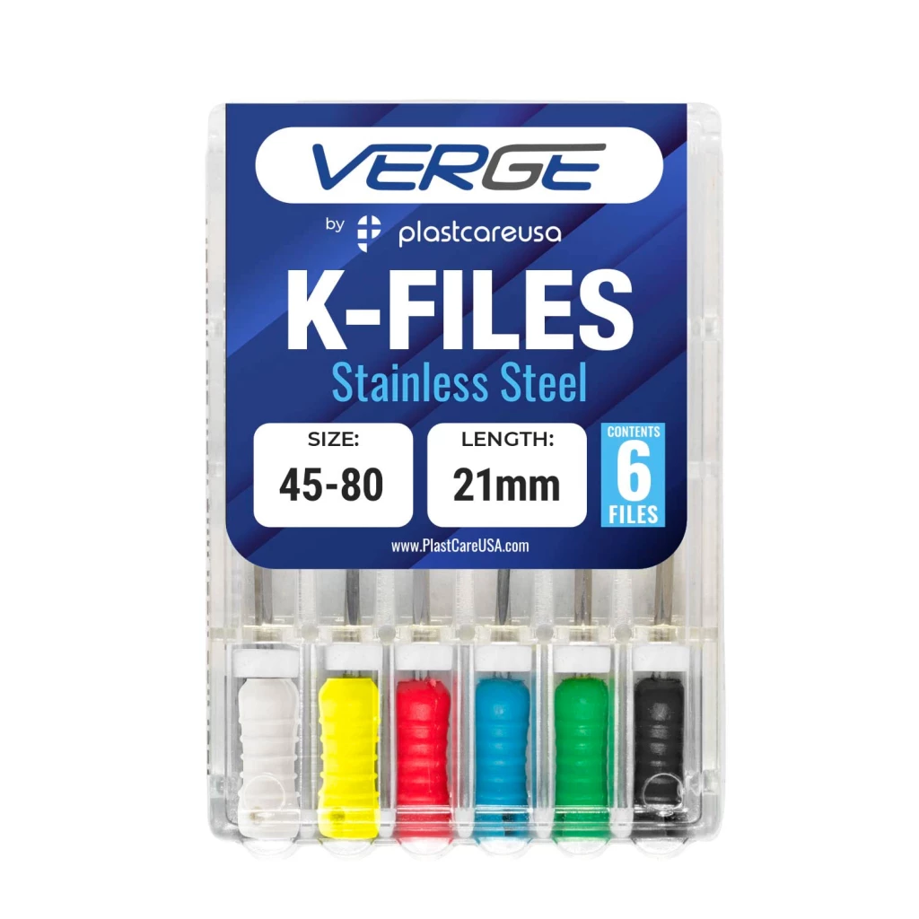 Archivos Endo K VERGE de 21 mm, acero inoxidable, surtido #45 - #80, 6 por paquete.