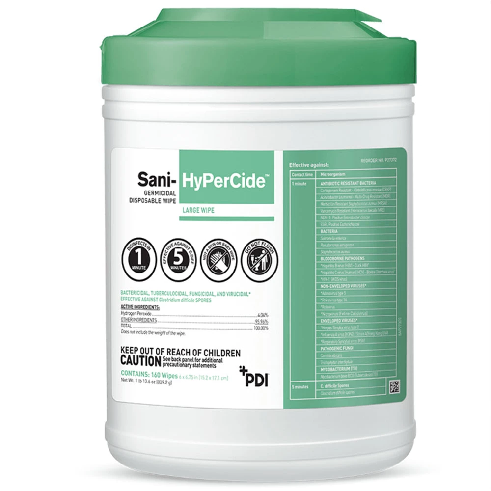 Sani-HyPerCide 6" x 6.75" Germicidal Disposable Wipes, 160 Wipes/Canister, 1/Pk