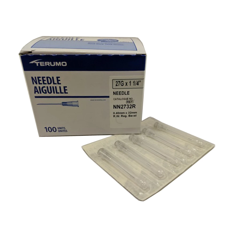 Aguja hipodérmica estándar Terumo, 27G x 1-1/4", pared regular sin seguridad, 100/caja.
