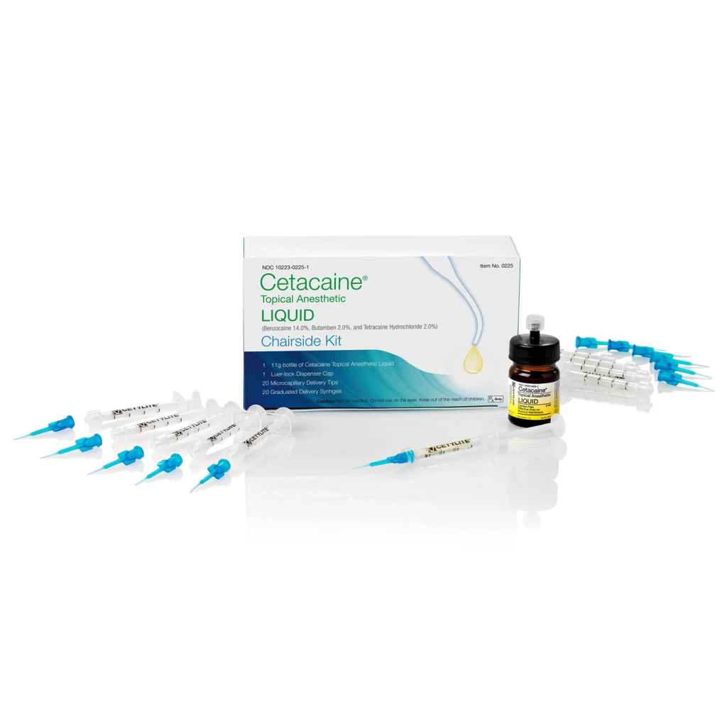 Cetacaine Topical Anesthetic Liquid Chairside Kit. Includes: One 11g Bottle, 20 Tips and Syringes