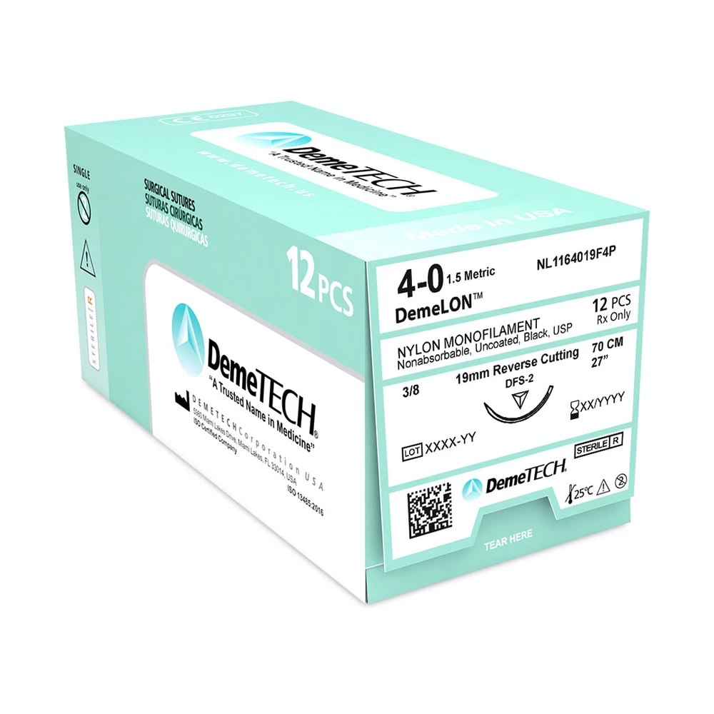 DemeLON 4/0, 27" (70 cm) Nylon Monofilament Black Suture, Reverse Cutting DFS-2 Needle, 12/Box