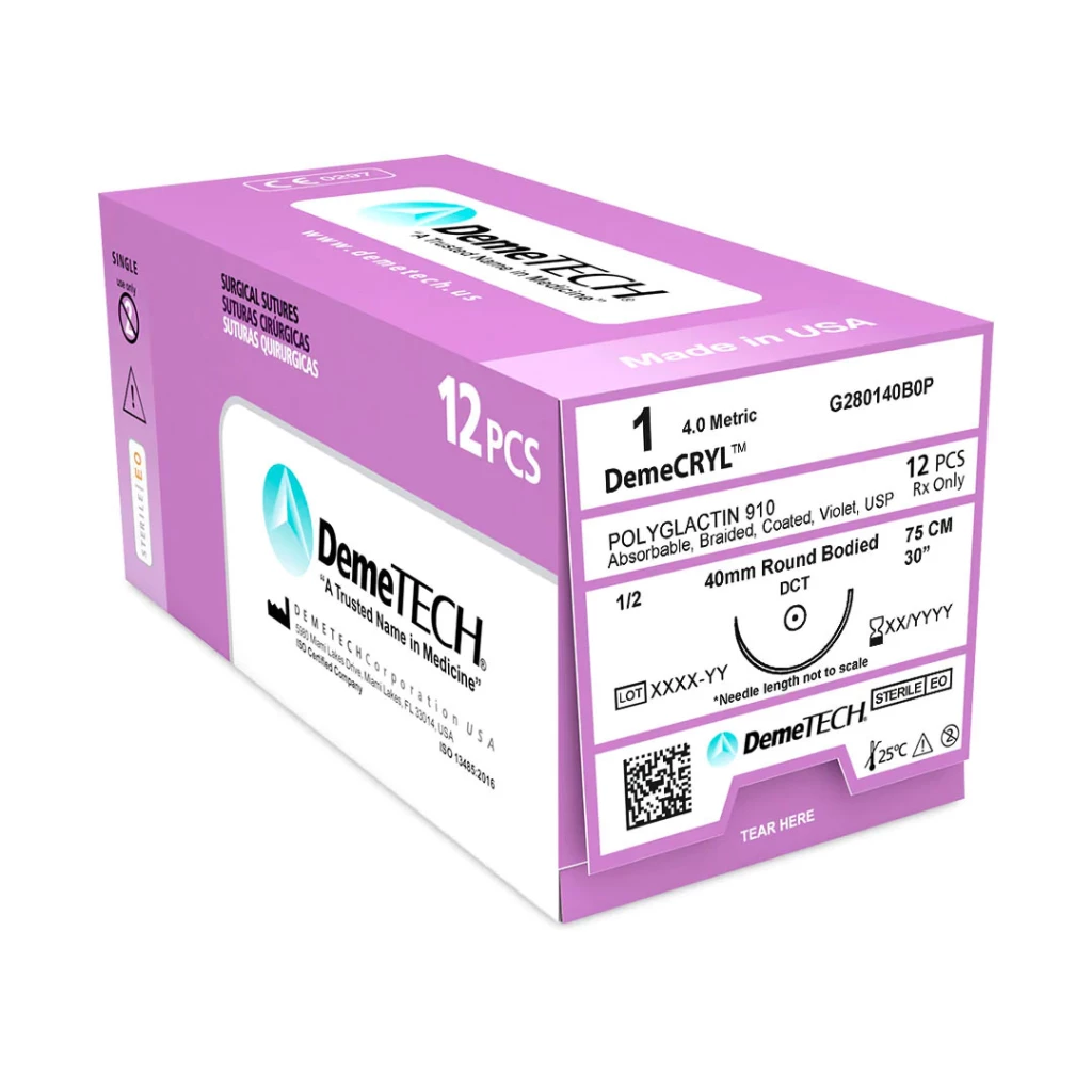 DemeCRYL 1 Sutura Absorbible de Poliglecaprona 910, 30", Violeta, 12/Caja