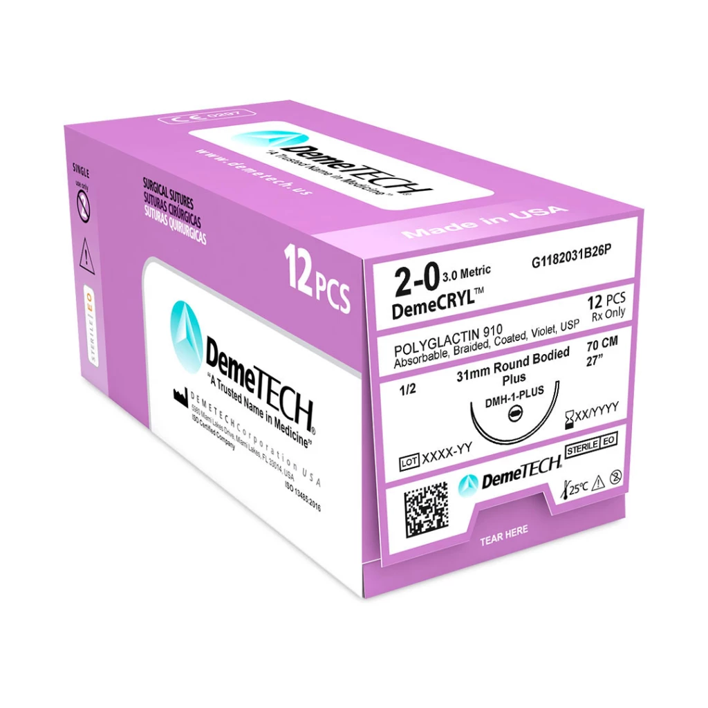 DemeCRYL 2/0 sutura absorbible de poliglactina 910, 27", violeta, 12/caja.