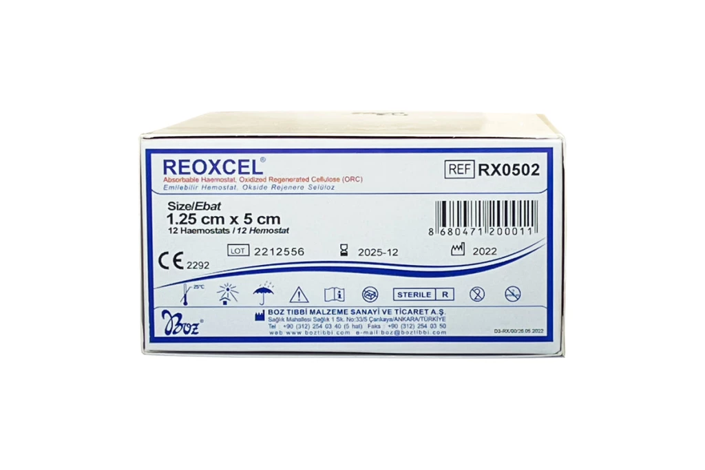 Nuevo - Reoxcel, hemostático reabsorbible, 1.25 x 5 cm, paquete de 12 piezas.