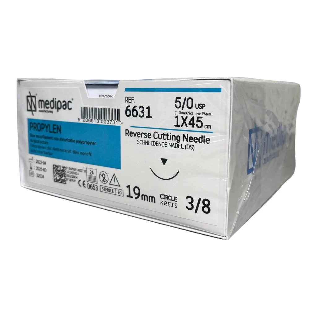 Sutura de nylon de polipropileno, paquete de 24 piezas. - 5/0 - aguja de 19 mm.