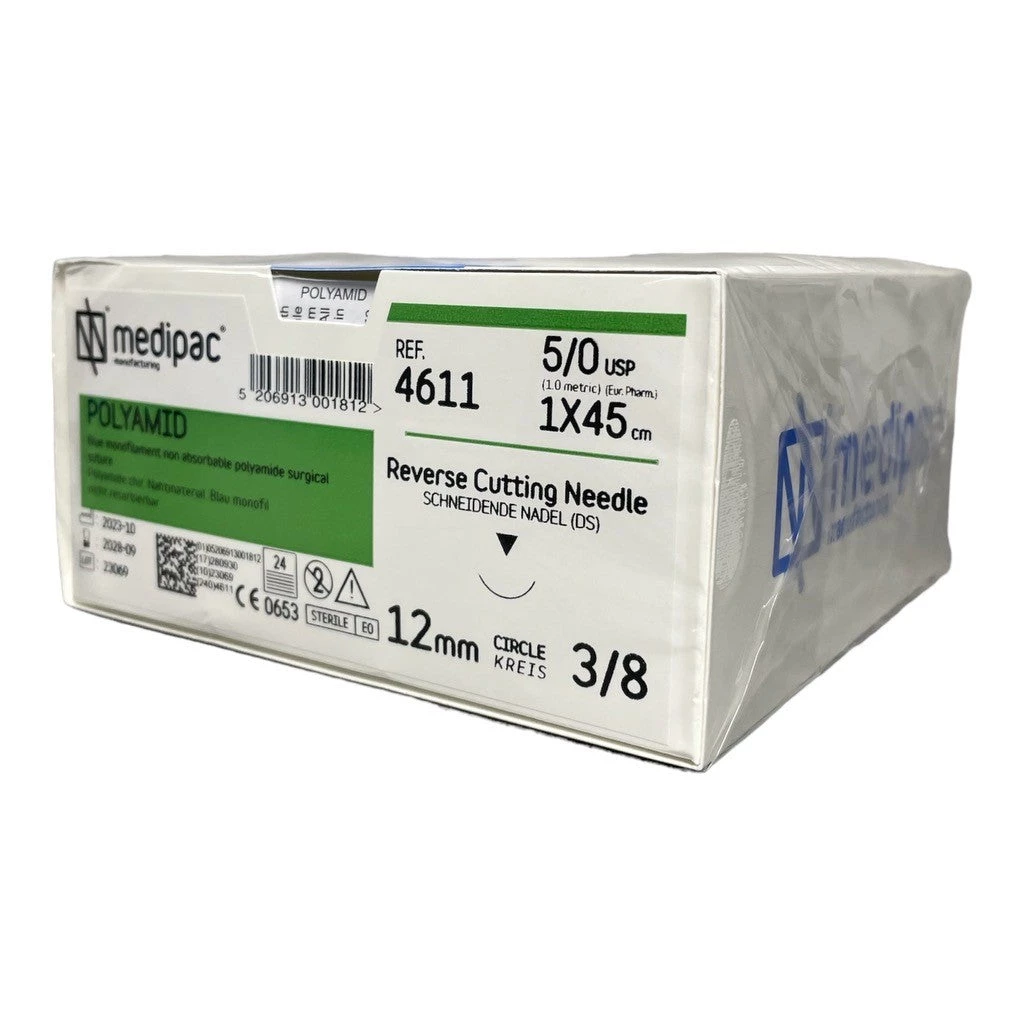 Poliammide (Nylon) - Sutura monofilamento non assorbibile. Blu. Confezione da 24 pz. - 5/0 - Ago da 16 mm.