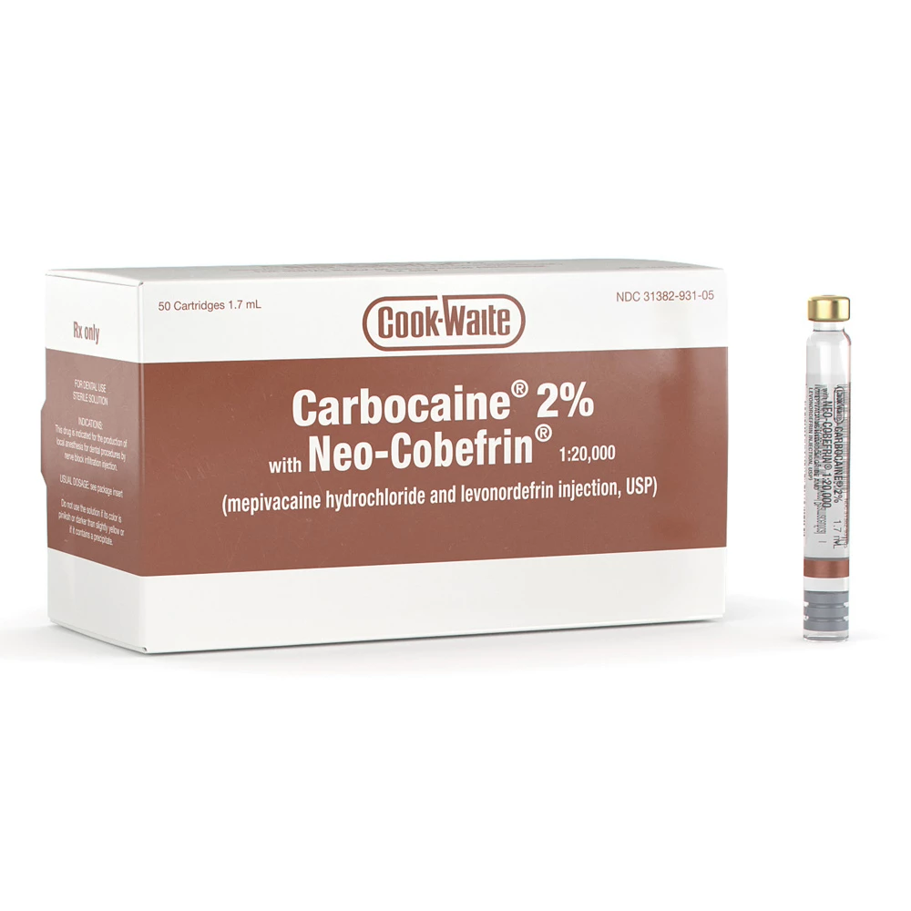 Cook-Waite Carbocaine 2% Mepivacaina HCL con Neo-Cobefrin 1:20.000 Scatola da 50 - 1,7 mL