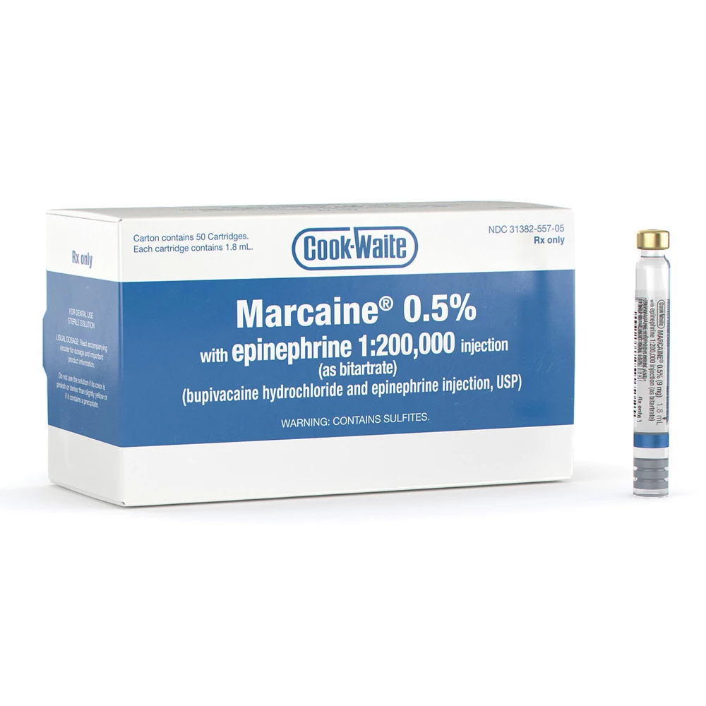 Cook-Waite Marcaine 0.5 % Bupivacaína con Epinefrina 1:200,000 Caja de 50 - 1.7 mL