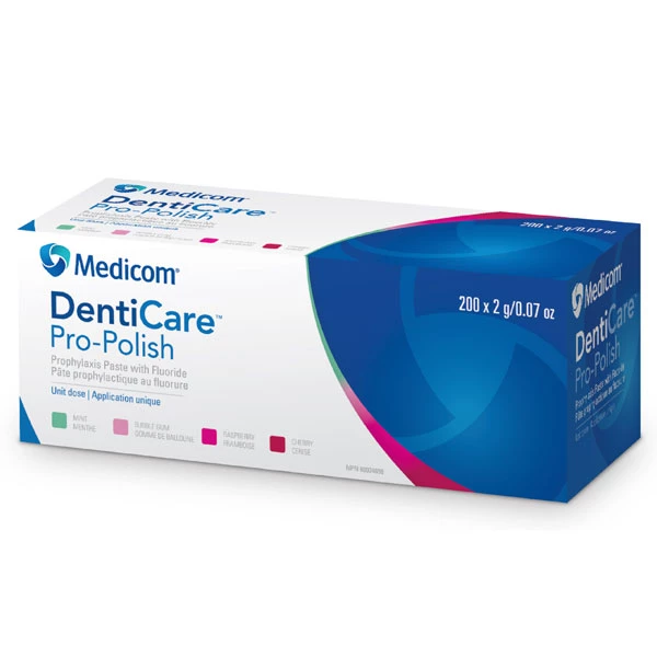 Pasta profiláctica DentiCare Pro-Polish Coarse de menta con flúor. Caja de 200 unidades.