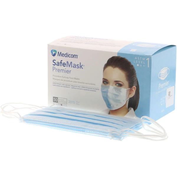 Mascarilla SafeMask Premier BLUE con lazo para la oreja, 50/unidad. Nivel ASTM 1 con BFE >= 95%.