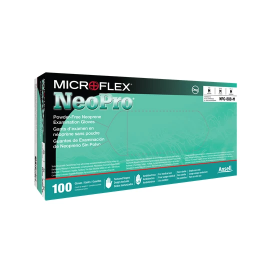 Guante NeoPro de cloropreno: Mediano, 100/Box, Verde, No estéril, Sin polvo.