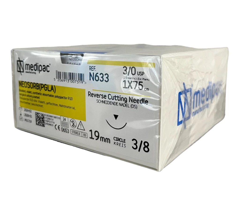 Neosorb (equivalent to Vicryl plain) - Absorbable. Pack of 24. 3/0 19 mm