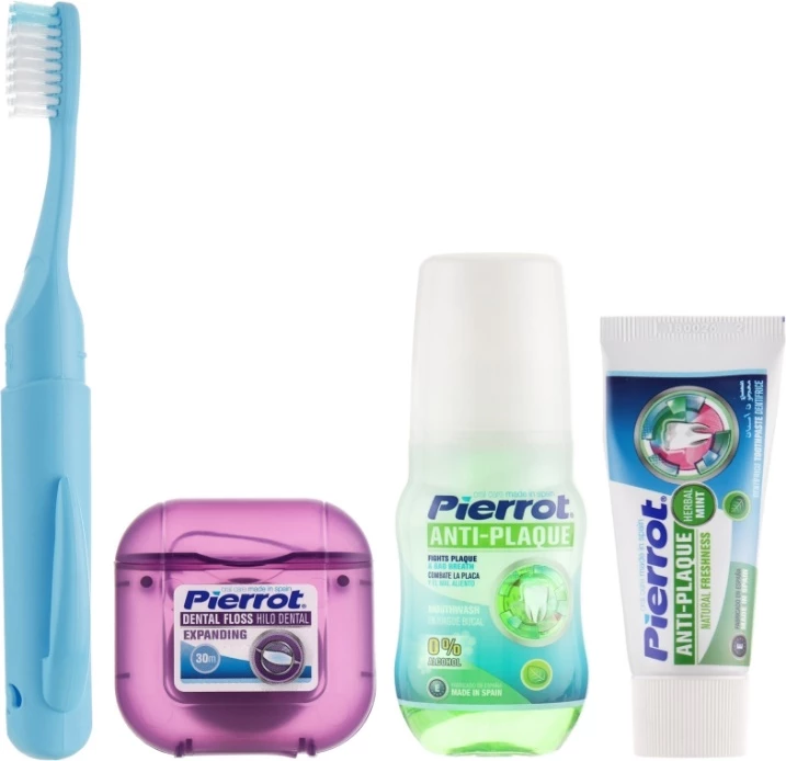 Kit dental compacto para viajes (cepillo, pasta, cepillo interdental, hilo dental)