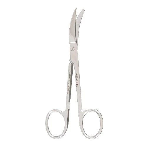 Tijeras de corte para suturas quirúrgicas Miltex de 4.75" con curva Northbent y filo afilado.