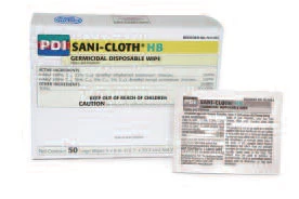 Sani-Cloth HB groß (5" x 8") alkoholfreie, vorbefeuchtete Desinfektionstücher für harte Oberflächen.