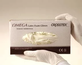 Omega Latex-Handschuhe: Nicht steril, gepudert, strukturiert, Box mit 100 Stück, mittelgroß bis groß.