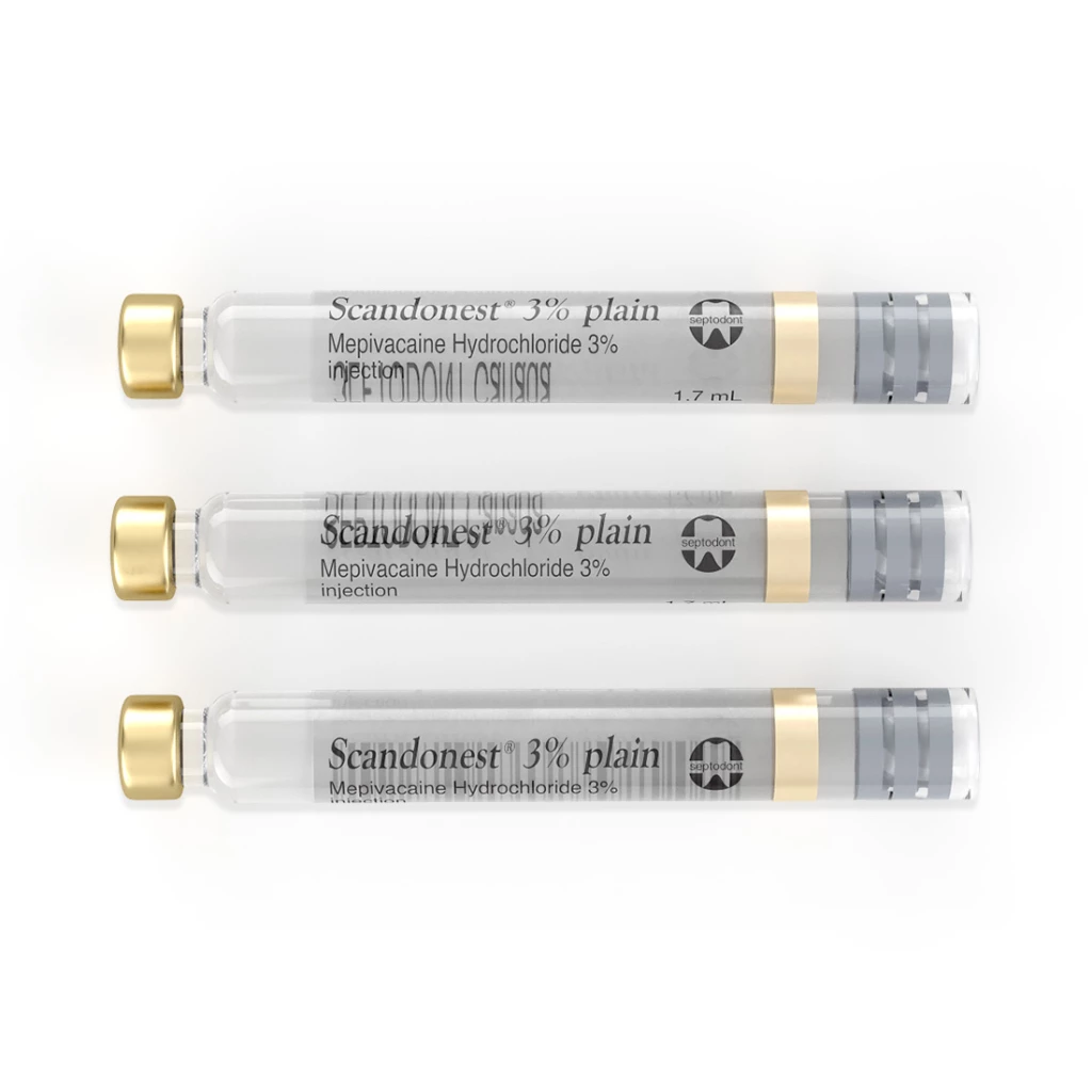Scandonest 3% Plain - Mepivacain 3% ohne Vasokonstriktor, Box mit 50 - 1,7 mL